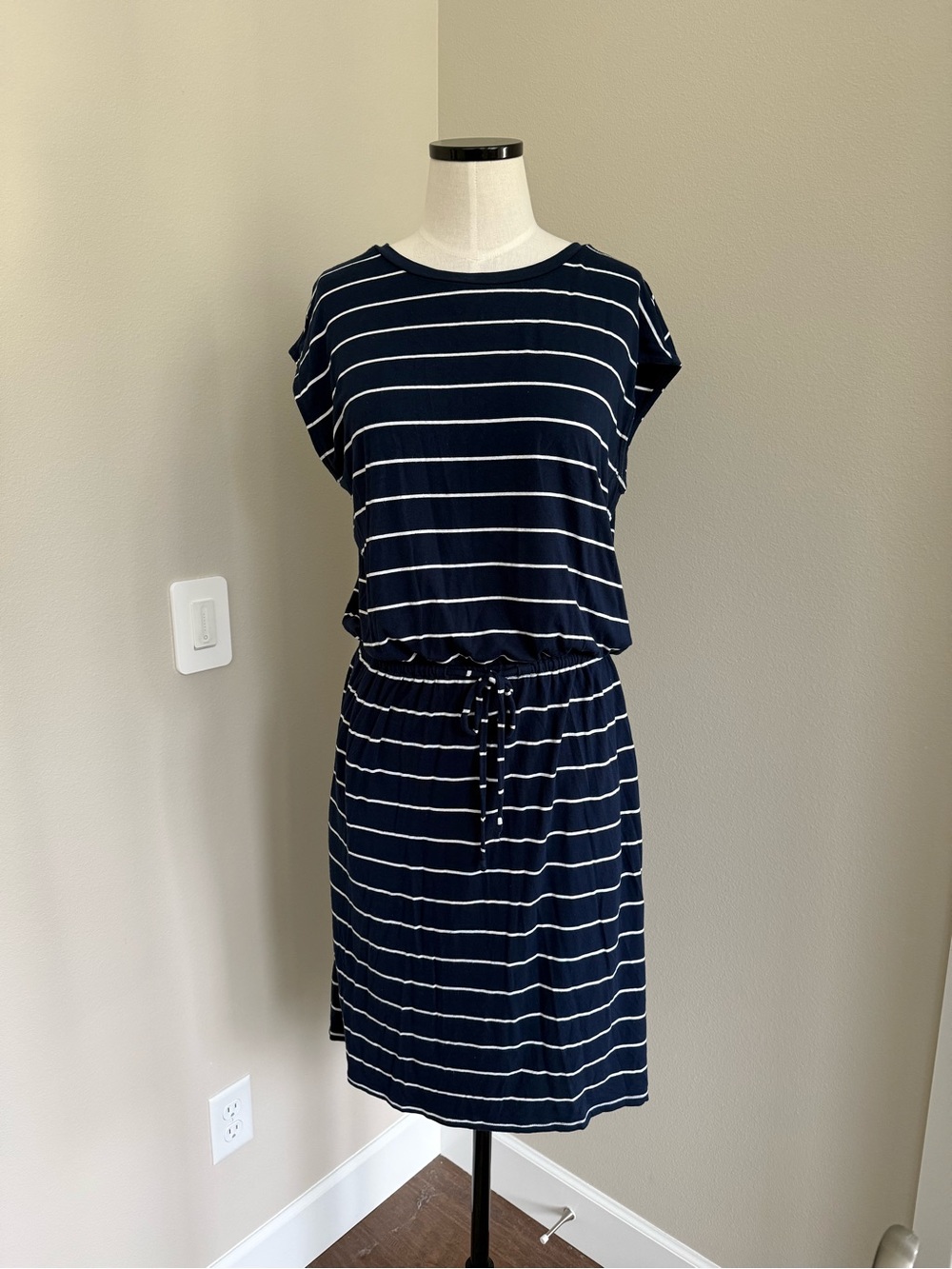 Banana Republic Navy and White Striped Drawstring Waist Dress